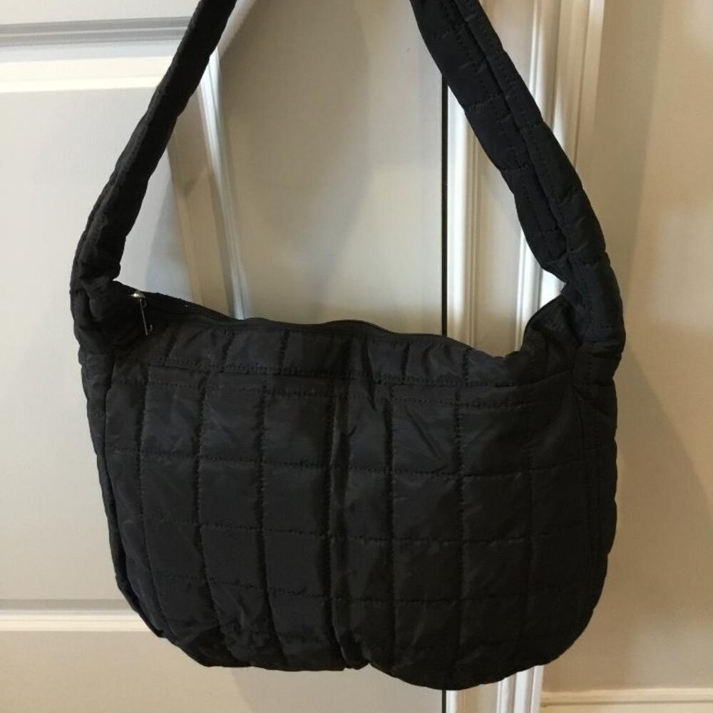 Women's Black Puffer Shoulder Tote Bag Quilted Zipper Closure Packable to Travel